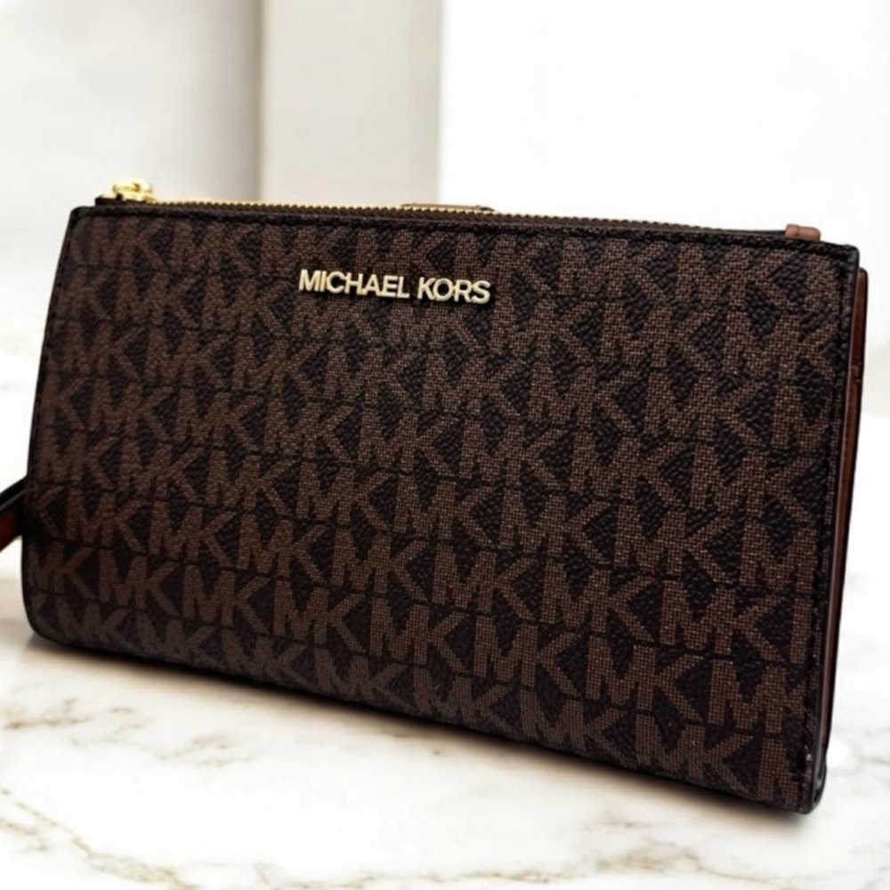 Michael Kors Large Jet Set Travel Double Zip Wallet Brown/Gold